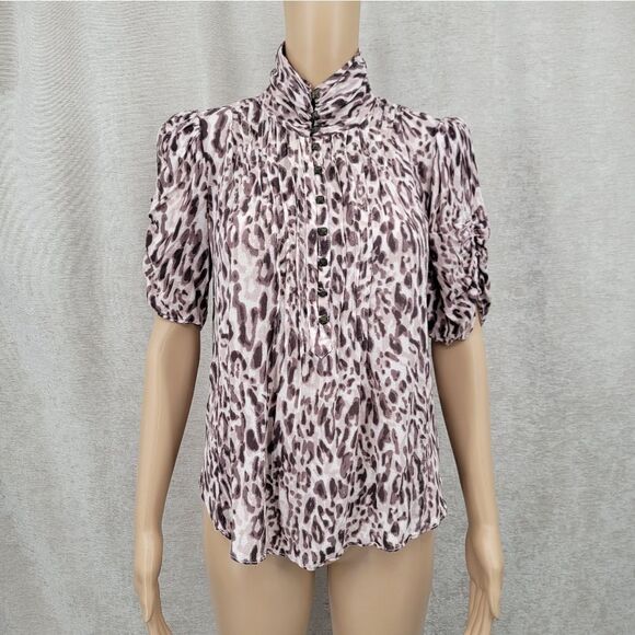 Maeve Anthropologie Pleated Animal Leopard Print Blouse Top Short Ruched Sleeves - Picture 2 of 13